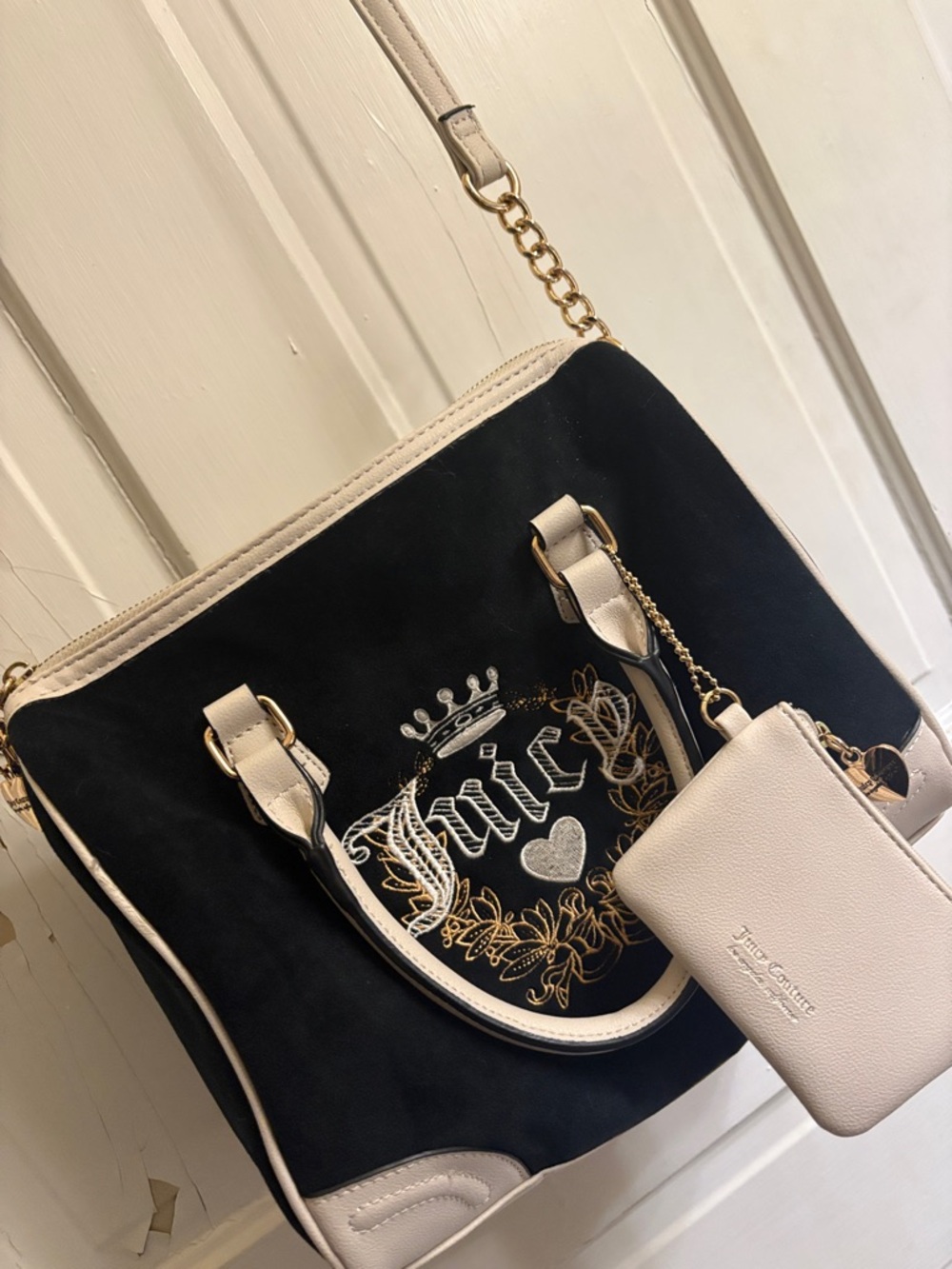 Juicy Couture Black and Cream Embroidered Tote with Coin Pouch